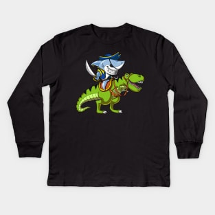 Shark Pirate Riding T-Rex Dinosaur Kids Long Sleeve T-Shirt